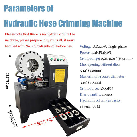 No Hassle Electric Hydraulic Hose Crimping Machine With 10 Die Set For 0.24 To 2.01 Inch Fittings AC 220V Single Phase Shop Press Tool showing specifications and features.