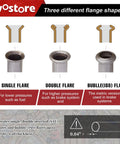 Wostore brake line flare kit infographic showing SAE single, SAE double, and ISO bubble flare shapes with tube ends