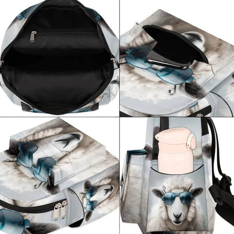 Mini Backpack Purse For Women With Adjustable Straps, Cute Sheep Print Small Daypack showing storage compartments and design