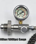 Close-up of Heavy Duty Paintball And Airsoft Tank Fill Station gauge, stainless steel, 37-inch hose, DIN thread, 4600 PSI connector.