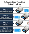 Illustration of Large Kitchen Scale With 0.1g Precision And 11lb Capacity USB Rechargeable Hold Function for bakers showing percentage mode steps.