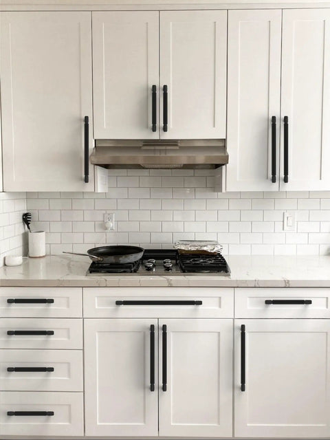 Slick Matte Black Knurled Cabinet Pulls 10 Pack 5 Inch Center To Center Kitchen Drawer Handles on white modern cabinetry.