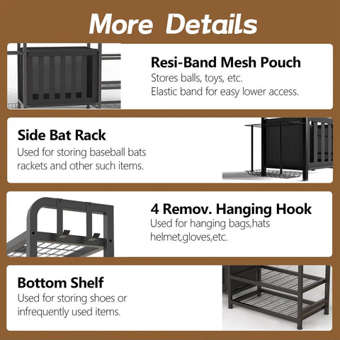 Product details for Garage Sports Equipment Organizer With Beefy Heavy Duty Ball Holder, Golf Bag Storage Rack, and more features.
