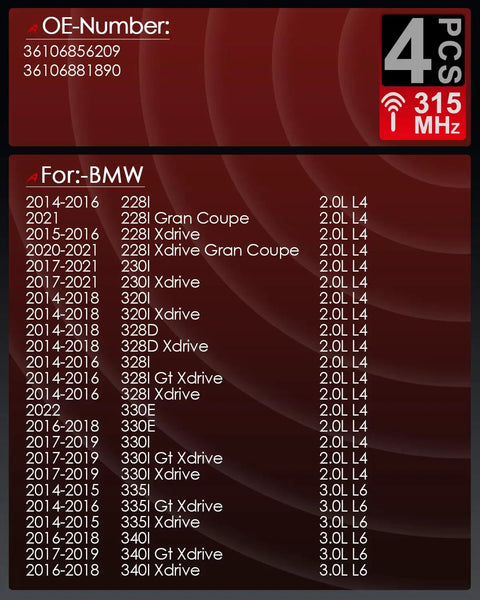 Compatibility chart for Preprogrammed 433MHz TPMS Sensor Compatible With BMW 228I 230I 320I 328I 330I Xdrive