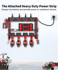 Power Tool Organizer Wall Mount With Charging Station For Garage And Workshop, 3 Layer Storage Rack, 4 Drill Storage Shelves With Hooks, Heavy Duty Drill Bit Rack, 8 Outlet Power Strip, Pegboard Mount showcasing tools and drills.