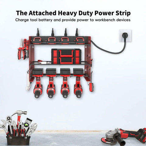 Power Tool Organizer Wall Mount With Charging Station For Garage And Workshop, 3 Layer Storage Rack, 4 Drill Storage Shelves With Hooks, Heavy Duty Drill Bit Rack, 8 Outlet Power Strip, Pegboard Mount showcasing tools and drills.