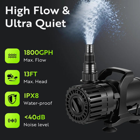 Adjustable Pond Pump 1800 GPH Submersible Water Pump With 13 Ft Lift And 20 Ft Cord, Filter Bag, Whisper Quiet design