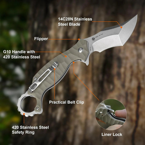 EDC Pocket Knife with 2.97 inch 14C28N blade, G10 handle, liner lock, pocket clip shown on tree background.
