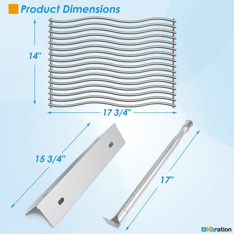 Level Up Your Weekend Cookout With This Knockout Stainless Steel Grill Replacement Kit featuring grates, heat plates, and burner dimensions.
