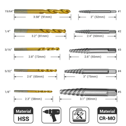 10 Piece Screw Extractor Set With HSS Left Hand Drill Bits For Stripped, Rusted, Broken Screws, Spiral CR-MO Removal Tool Kit showing drill bit sizes