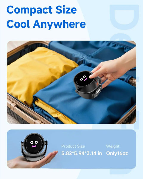 Portable Desk Fan With LED Display And 5 Speed Turbo Airflow 6 Inch Compact Table Fan being placed in a suitcase, ideal for travel.
