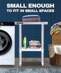 Stainless Steel Work Table 30x12 Heavy Duty NSF Commercial Prep Table With Under Shelf in laundry room with washer and basket.