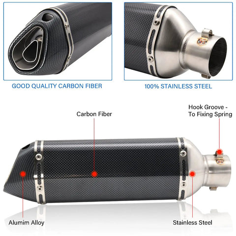 Carbon Fiber Universal Motorcycle Slip On Muffler Exhaust 1.5 To 2 Inch For Dirt Bike Street Bike Scooter And ATV with stainless finish
