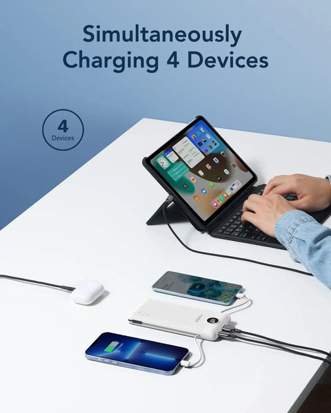 All In One Portable Charger With Built In AC Plug And Cables 10000mAh Ultra Slim Power Bank powering tablet and phones