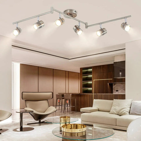 6 Light Track Lighting Fixtures With Swing Arm Heads for Kitchen and Living Room in nickel finish, warm white 3000K