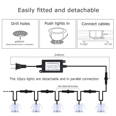 Diagram showing installation of 12V Low Voltage Waterproof IP67 Warm White Recessed Deck Lights Kit For Steps And Patio