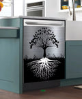 Nature Inspired Tree Design Magnetic Dishwasher Cover 23x26 Inch Large Metal Front Door Panel Sticker Fits Most Dishwashers Black Kitchen Appliances No Glue Adhesive Magnetic Decal For Refrigerator Panel Easy Cut To Fit displayed on a dishwasher in a modern kitchen setting.