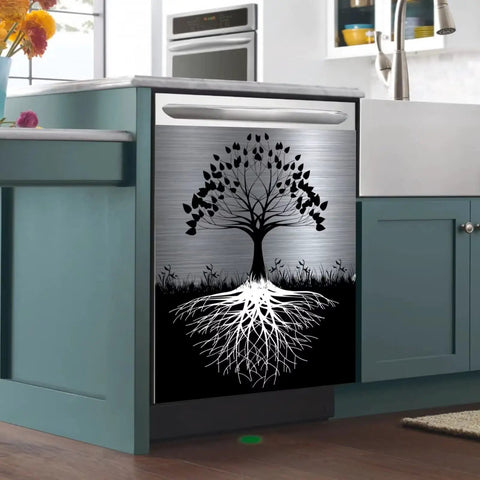 Nature Inspired Tree Design Magnetic Dishwasher Cover 23x26 Inch Large Metal Front Door Panel Sticker Fits Most Dishwashers Black Kitchen Appliances No Glue Adhesive Magnetic Decal For Refrigerator Panel Easy Cut To Fit displayed on a dishwasher in a modern kitchen setting.