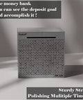 Stainless Steel Money Saving Box With Built In Counter Break To Open Piggy Bank for adults and kids, tracks savings to $5000 target.