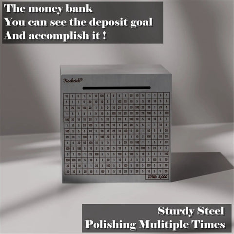 Stainless Steel Money Saving Box With Built In Counter Break To Open Piggy Bank for adults and kids, tracks savings to $5000 target.