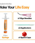 Included in the box: High Temperature Thermal Grease Paste 0.5cc syringe, 3x18ga needles, applicators, spare cap