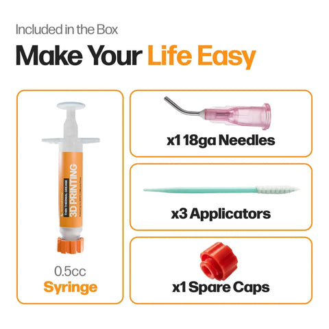 Included in the box: High Temperature Thermal Grease Paste 0.5cc syringe, 3x18ga needles, applicators, spare cap