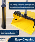 Commercial Broom And Dustpan Set With 54 Inch Long Handle for Indoor Outdoor Cleaning showing comb gear and bristle detail.