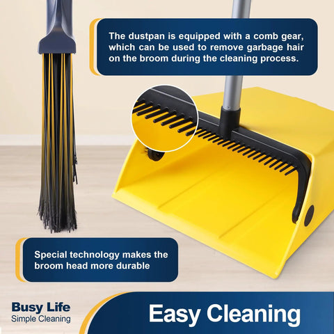 Commercial Broom And Dustpan Set With 54 Inch Long Handle for Indoor Outdoor Cleaning showing comb gear and bristle detail.