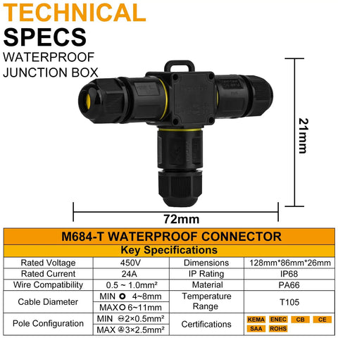 IP68 Waterproof Outdoor Junction Box T Shape 3 Way 3 Pin Connector For Extending Power Cables M20 Cable Gland 0.5 To 2.5 Mm2 Wire Range Built Tough 24A 450V ETL Listed Weatherproof Electrical Junction shown with dimensions and specs.