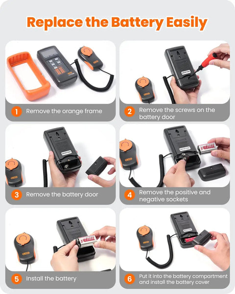 Pro Grade Illuminance Light Meter For Precise Plant Growth Digital Lux Meter With Range Zero To Two Hundred Thousand Lux And Fast Readings Twice Per Second FC To Lux Conversion Pocket Friendly Design For On The Go battery replacement steps with orange frame and meter back view