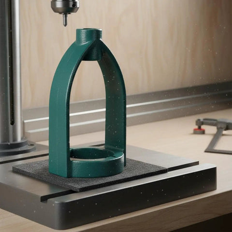 Upgrade Your Woodworking With This Heavy Duty Mortising Machine Drill Press Attachment, steel support mounted on a workbench.