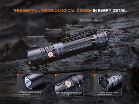 PD36R V2.0 1700 Lumen Rechargeable Flashlight with USB C Fast Charge, detailed view of body clip, heat fins, and anti-slip design.
