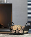 Foldable Fireplace Log Holder and Firewood Rack for Indoor Outdoor Use Heavy Duty Steel Construction next to a lit fireplace