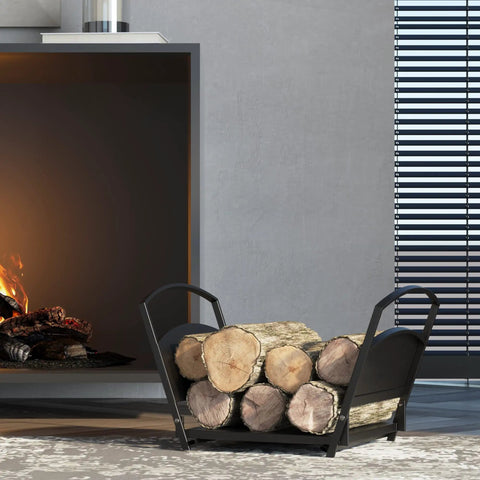 Foldable Fireplace Log Holder and Firewood Rack for Indoor Outdoor Use Heavy Duty Steel Construction next to a lit fireplace