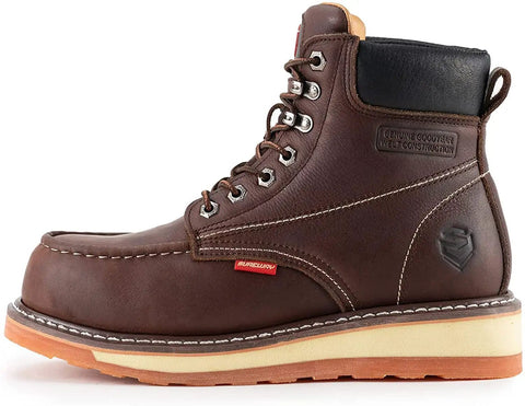 Side view of Heavy Duty Steel Toe Work Boots for Men with Goodyear Welt Construction, full-grain leather, and wedge sole.