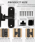 Two Pack Pocket Sliding Barn Door Lock Latch With 90 and 180 Degree Flip For Privacy Heavy Duty Alloy Hardware Weather Resistant Fit For Cabinets Barn Doors Bathrooms And Garden Doors Black Finish shown with dimensions and installation methods.