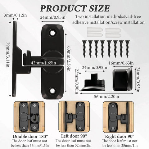 Two Pack Pocket Sliding Barn Door Lock Latch With 90 and 180 Degree Flip For Privacy Heavy Duty Alloy Hardware Weather Resistant Fit For Cabinets Barn Doors Bathrooms And Garden Doors Black Finish shown with dimensions and installation methods.