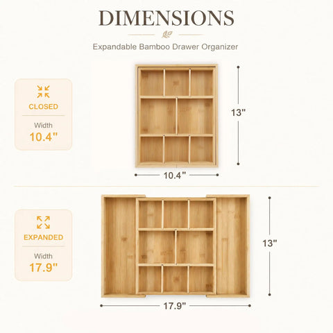 Expandable Bamboo Drawer Organizer Set With 10 Adjustable Compartments And 2 Sliding Extensions, shown closed and expanded