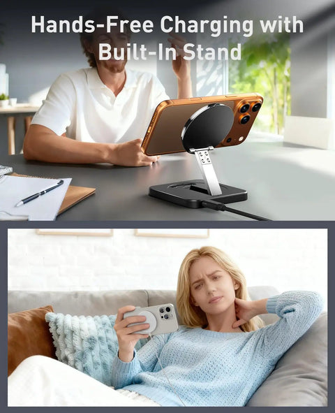 Two Pack Magnetic Wireless Charging Stand Set With 15W Fast Charging Foldable Desk Or Nightstand Chargers for iPhone and Samsung