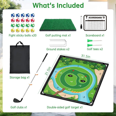 Dual Sided Golf Chipping Game Set With Club Sticky Golf Games Pro Battle Mat Portable Practice Golf Gift layout with included items