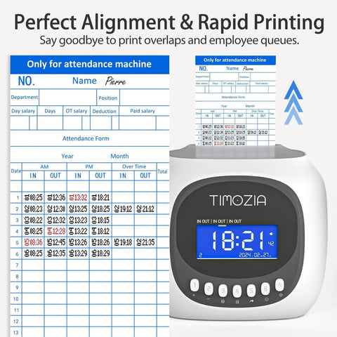 Time Clock Punch System With Passcode And Auto Align Printing 6 Punches Per Day Across 3 Shifts Easy Setup For Small Businesses Includes 100 Time Cards 2 Ink Ribbons And 1 Card Rack For Busy Shops, showing printed attendance forms with time clock.