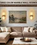 Golbasdena 13in Alabaster Wall Sconces, Gold Wall Lights Bulb Included, featuring natural marble shades in a stylish living room setting.