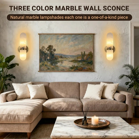 Golbasdena 13in Alabaster Wall Sconces, Gold Wall Lights Bulb Included, featuring natural marble shades in a stylish living room setting.