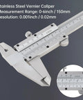6 Inch Vernier Caliper With Dual Inch And Metric Scale, stainless steel manual caliper for precise measurements, close-up view