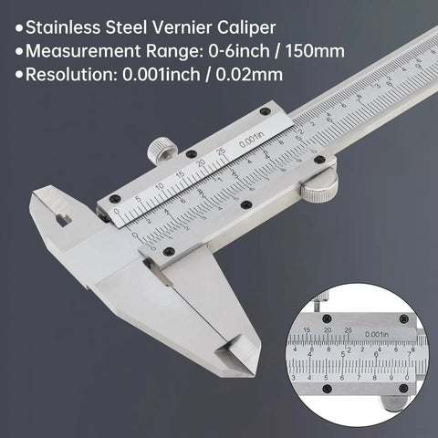 6 Inch Vernier Caliper With Dual Inch And Metric Scale, stainless steel manual caliper for precise measurements, close-up view