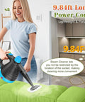 Woman using Easy Clean Handheld Steam Cleaner For Home And Car 275F High Temp Fast Heat Multi Surface Steamer on green couch
