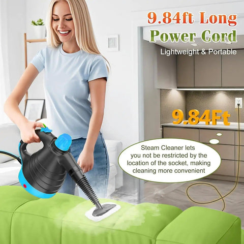 Woman using Easy Clean Handheld Steam Cleaner For Home And Car 275F High Temp Fast Heat Multi Surface Steamer on green couch