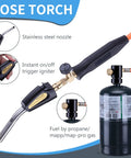 Close-up of Propane Torch Hose Kit 3.6Ft With MAP Gas Torch Kit Trigger Start Adjustable Heat Knob Near Torch Head
