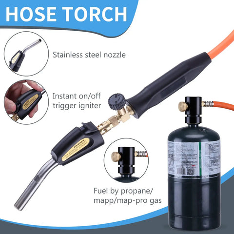 Close-up of Propane Torch Hose Kit 3.6Ft With MAP Gas Torch Kit Trigger Start Adjustable Heat Knob Near Torch Head