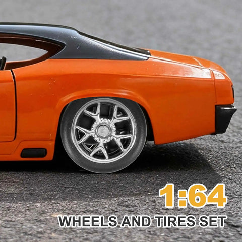 8 Piece 1 64th Scale Wheels And Tires Set With Real Riders Rims on orange diecast car showcasing silver rims